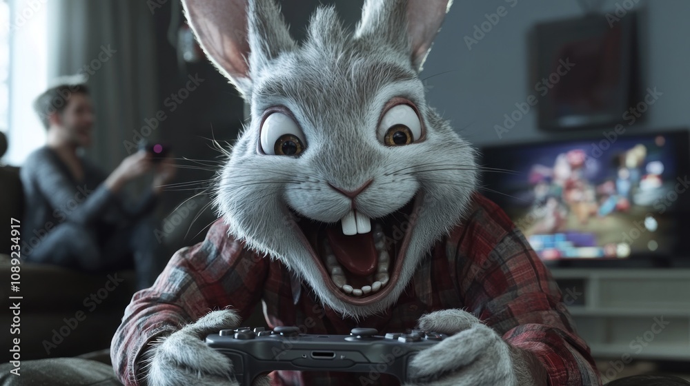 Aufkleber a cartoonish rabbit enthusiastically playing video games with a controller.