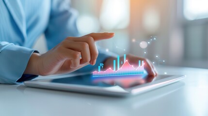 Obraz premium A hand using a tablet with holographic charts and graphs, showcasing futuristic data visualization and analytics technology in action.