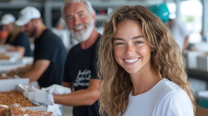 Fototapeta premium Cheerful young woman with curly blonde hair smiling and baking or cooking in a cozy homey kitchen environment filled with domestic decor and kitchen appliances She appears relaxed happy