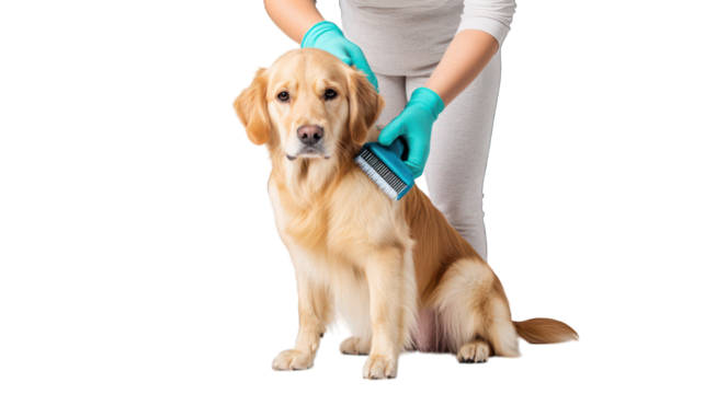 A person grooming a golden retriever with a brush. Transparent background.
