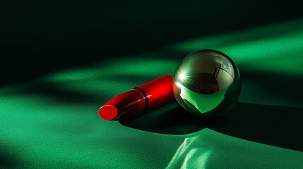 A red lipstick lies beside a metallic sphere on a verdant backdrop. The juxtaposition of the vibrant red against the emerald green creates a striking visual contrast. The sphere's smooth