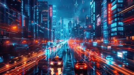 Obraz premium Futuristic city with neon lights and fast moving traffic at night.