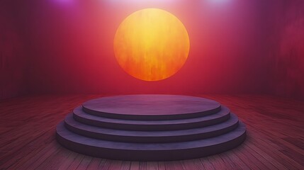 Obraz premium Circular stage with layered platform under a large, fiery orange sun in a dark room.