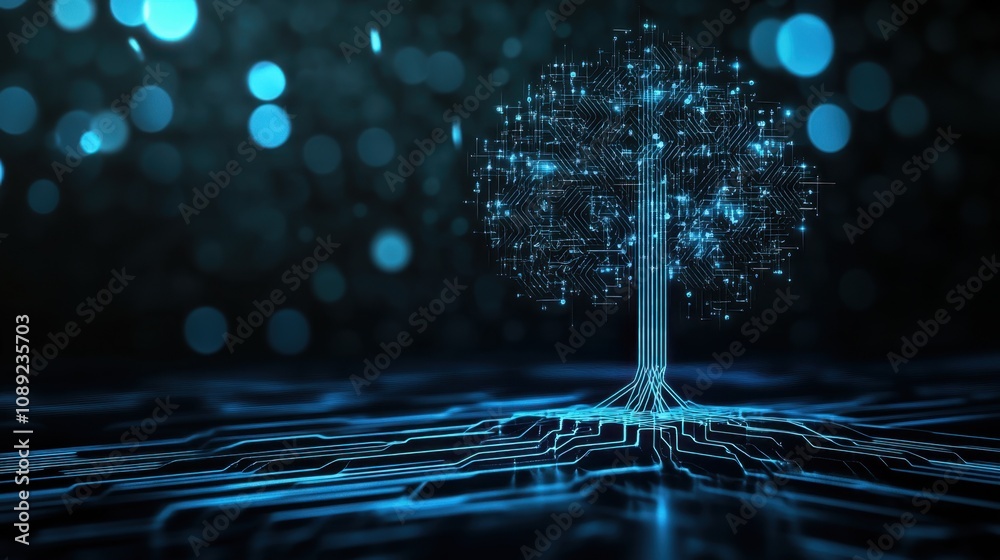 Poster digital tree shaped circuit board with glowing nodes and bokeh lights in a futuristic technology con