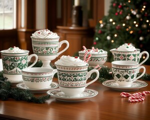 Holiday mugs with festive patterns filled with hot cocoa
