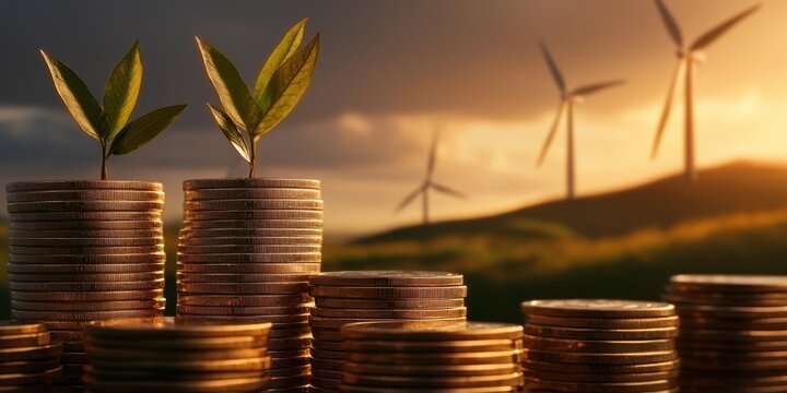 Economic Utilization. A stack of coins with green sprouts against a backdrop of wind turbines at sunset, symbolizing sustainable finance and renewable energy growth.