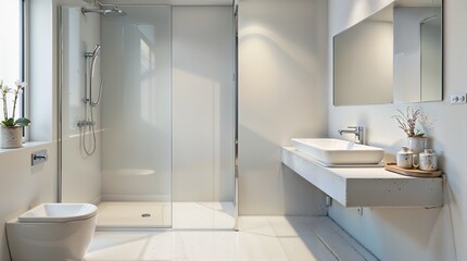 Minimalist modern bathroom with glass shower and floating vanity