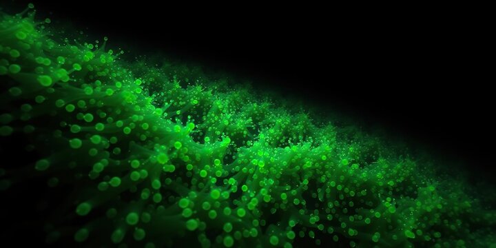 A dense cluster of glowing plankton fills the darkness of a deep-sea trench, mysterious environment, seaweed