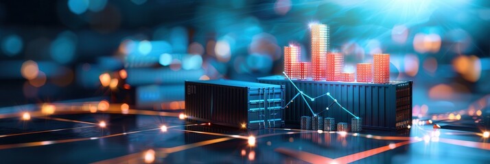 Futuristic composition of shipping containers with glowing data overlays and graphs, symbolizing global trade, logistics, and economic analysis