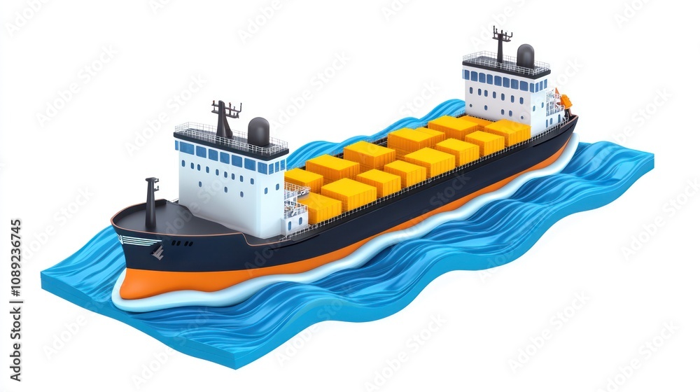Poster a cargo ship loaded with containers sailing on waves.