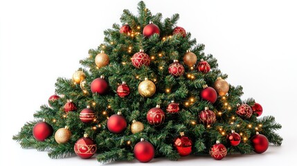 A large, flat Christmas tree adorned with red and gold ornaments and warm white lights against a white background.