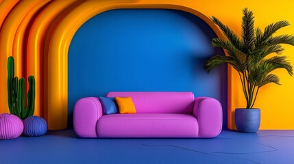 A stylish, modern living room featuring a vibrant purple sofa with orange and blue throw pillows, accented by bold orange and blue walls with arched alcoves.