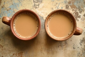 Two Cups Of Brown Coffee On A Rustic Surface