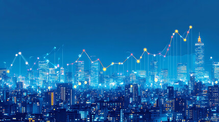 Economic contraction signals. vibrant city skyline at night with rising earnings report chart overlay, showcasing growth and progress in modern urban environment