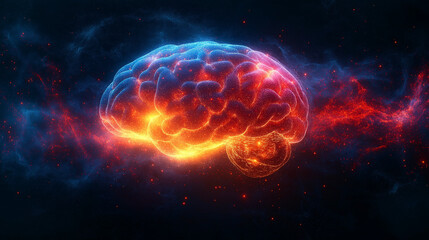 Vibrant Glowing Brain in Cosmic Abstract Neural Network Visualization