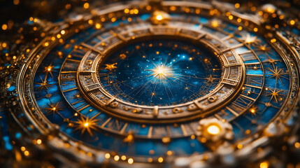 Ornate Cosmic Clock with Golden Detailing and Starry Sky Center
