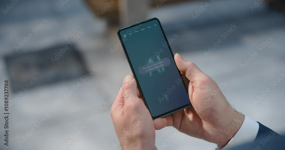 Leinwandbilder POV Shot: Business Person Holds Smartphone Screen Shows AI Chatbot Interface in Use. Display Productivity Tips and Management Advice, AI Assistant for Personal Efficiency and Organization in eBusiness
