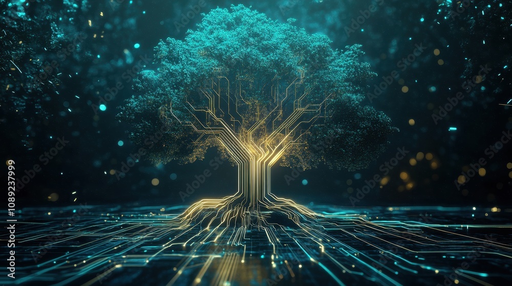 Poster futuristic digital tree with circuit patterns illuminated against a dark background representing the