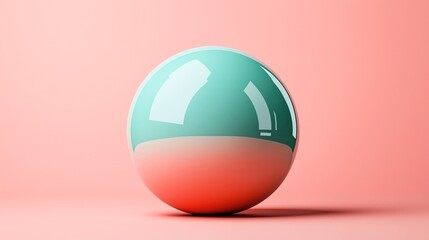 Abstract glossy sphere with gradient colors, green and pink, on a solid pink background reflecting artistic modern design and minimalist style.