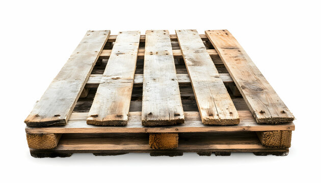 Weathered wooden pallet isolated on white background, showing texture and detail. Ideal for rustic, industrial, or DIY projects.