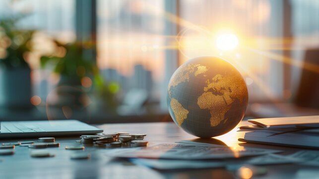 Golden globe placed on a desk with scattered coins, documents, and a laptop in a bright office, symbolizing global business and finance.