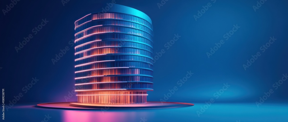 Poster a modern, illuminated building design with vibrant colors and sleek lines.