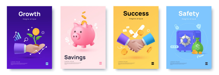 Investments and finance posters with illustrations in 3D style and space for text. Investment and business infographic collection - growth, savings, success, safety. Ideal for banner, web, flyer.