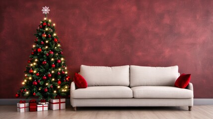 Cozy living room with Christmas tree and gifts.