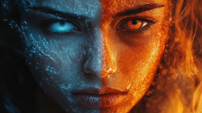 Fiery Duality of Ice and Flame: Dramatic Split Portrait