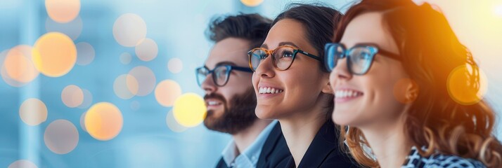 A group of smiling professionals wearing glasses, gazing upward with glowing bokeh lights in the background, representing hope and collaboration.