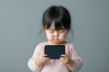 Fototapeta premium child with sad expression holding phone, feeling disappointed