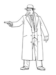 A detective with a gun on duty. Police inspector from the 1950s. Coloring book drawing.