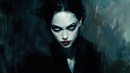 Fototapeta premium Mysterious Portrait of a Dark-Eyed Woman with Intensely Expressive Features in an Abstract Background Highlighting Shadows and Emotion