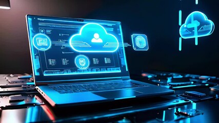 Laptop displaying cloud computing data transfer. - Powered by Adobe