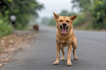 Aggressive rabid stray dog growling standing on the road