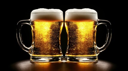Two Frosty Glass Mugs Filled with Golden Beer and Creamy Foam Illuminated Against a Dark Background, Perfect for Celebrations and Reviews