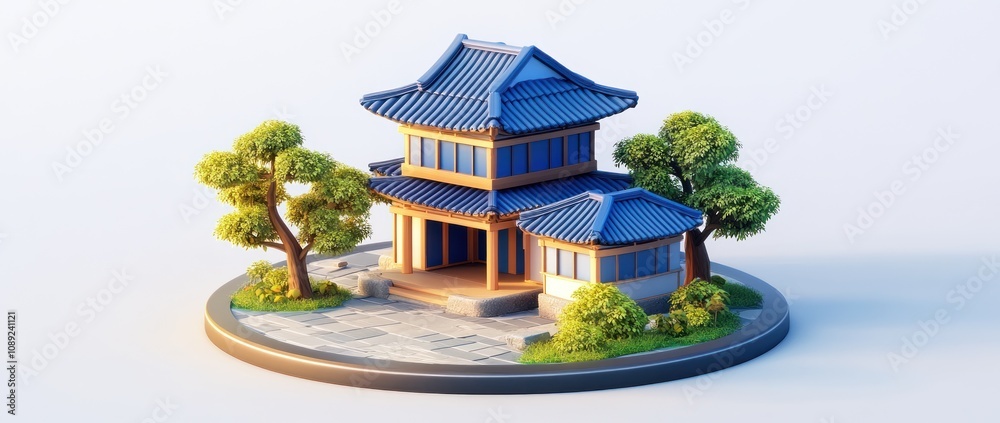 Poster a stylized traditional building surrounded by greenery on a circular base.
