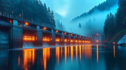 Fototapeta premium Stunning hydroelectric dam illuminated at night with holographic effects in a serene forest