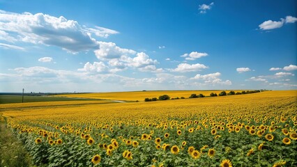 Fototapeta premium Endless yellow field of sunflowers stretching towards a bright blue sky with not a cloud in sight, sunny meadows, sunshine, sunflower fields