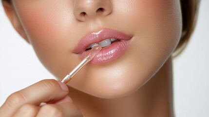 Obraz premium A woman carefully applies lip gloss, highlighting the beauty and allure of her lips. This image captures the essence of makeup artistry, showcasing the precision