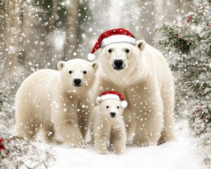 Fototapeta premium Polar bears in a snowy landscape with tiny Santa hats