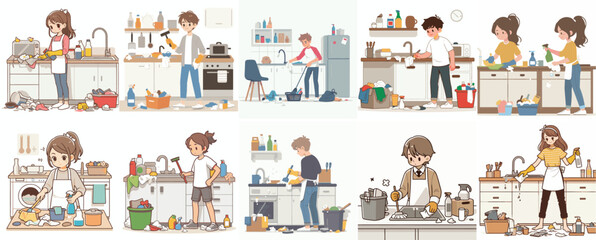 vector, a teenager, is cleaning a dirty kitchen with a simple and minimalist flat design style. white background
