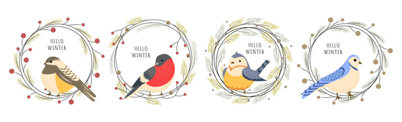 Hello winter. Set of winter birds in Christmas wreaths. Vector illustration
