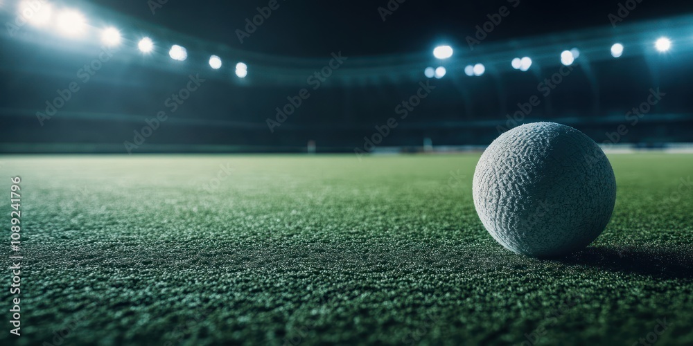 Poster a close-up of a white ball on a grassy field in a dimly lit stadium.