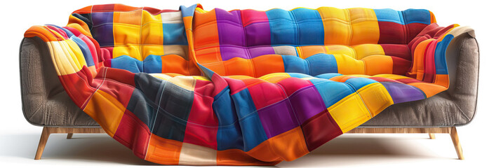 A colorful patchwork quilt, draped over a comfortable couch.