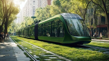 Eco-friendly solar-powered tram traveling through green urban landscape city environment modern transportation concept