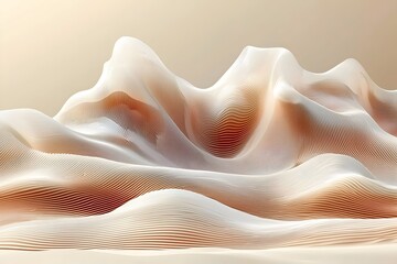 A mesmerizing view of smooth, flowing wave-like shapes in soft beige and cream tones, creating a serene and tranquil atmosphere, reminiscent of rolling hills or sand dunes.