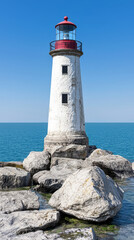 stunning lighthouse stands tall on rocky shores, overlooking calm sea
