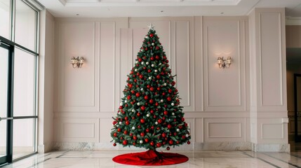 Elegant Christmas tree in a stylish lobby setting.