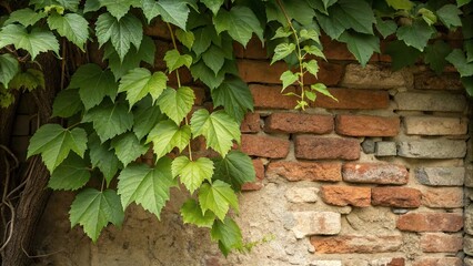 Obraz premium lush green wild grape leaves hanging from a rustic brick wall with exposed mortar and weathered stone edges, outdoors, scenery, foliage, naturebackground, botanical